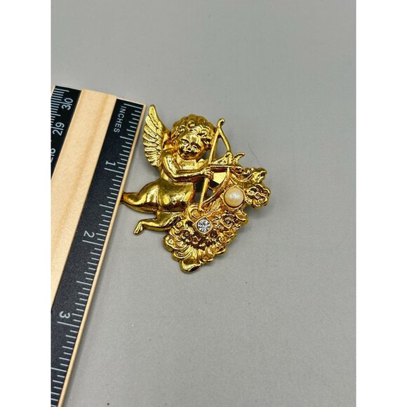 Vintage Gold Tone Cupid with Arrow Angel Brooch with Pearl & Rhinestone Accents - Picture 6 of 6